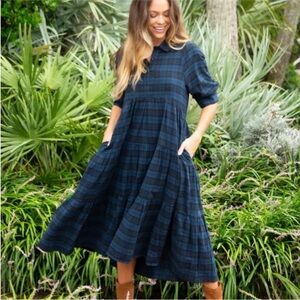 NWT Natural Life Rebecca Plaid Flannel Short Sleeve Shirt Dress Navy Black